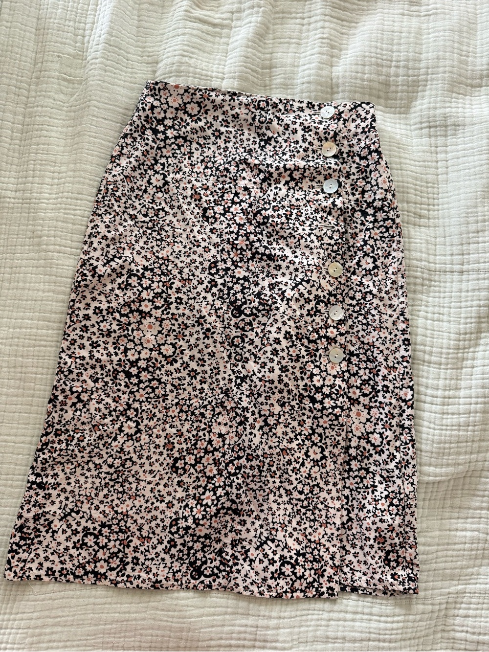 Madewell Floral Cream, Black and Orange Side Button-Front Midi Skirt